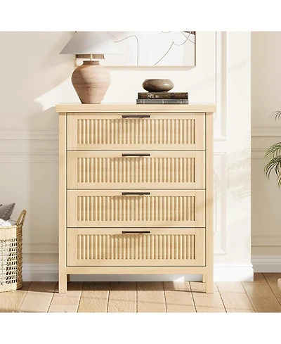 Fluted Oak Bedroom Dresser, 35.4" Tall Chest with 4 Drawers, Closet Storage Cabinet & Clothes Organizer for and Living Room