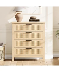 Fluted Oak Bedroom Dresser, 35.4" Tall Chest with 4 Drawers, Closet Storage Cabinet & Clothes Organizer for and Living Room