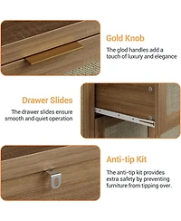 Gaomon 47.2" Rattan Buffet Sideboard – Boho Credenza with Drawers & Doors, Wooden Coffee Bar Storage for Entryway or Living Room (Natural