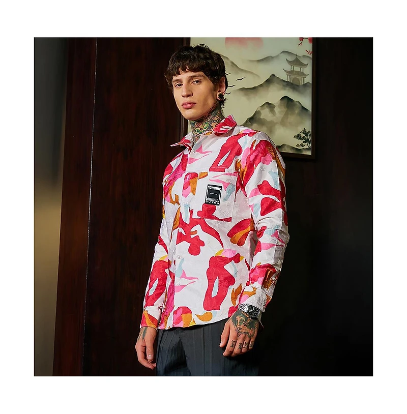 Campus Sutra Men's Cream White & Scarlet Red Floral-Tactile Relaxed Shirt
