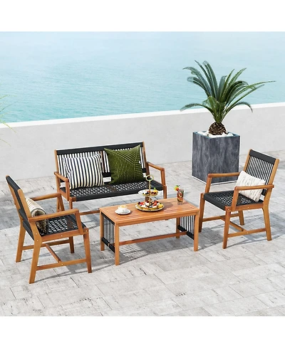 Costway Patio 4pcs Acacia Wood Conversation Table & Chair Set Hand-Woven Rope Outdoor