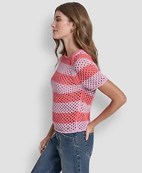 Dkny Jeans Women's Stripe Pointelle Cropped Pull-On Sweater