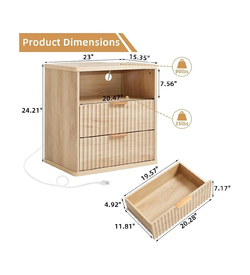 gaomon Fluted Farmhouse Nightstand Set of 2 with Charging Station, 23" Wide 2 Drawers End Table
