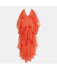 Pre-Owned Zimmermann Women's Red Silk Organza Natura High-Low Tiered Dress