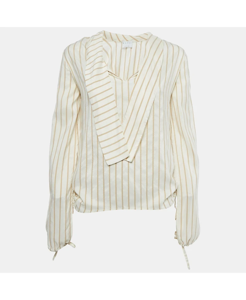 Pre-Owned Marni Women's Cream Stripe Silk Neck Tie-Up Detail Blouse