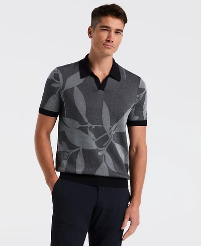 Perry Ellis Men's Short-Sleeve Leaf Patterned Open Polo Collar Sweater