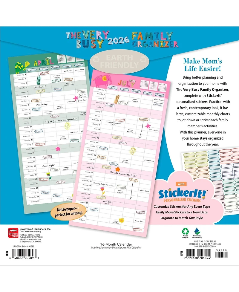 BrownTrout Plastic-Free Matte Paper Monthly Wall Calendar with Sticker Sheet, 12 x 24 Inch, The Very Busy Family Organizer 2026