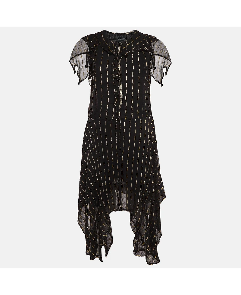 Pre-Owned Zadig & Voltaire Women's Black & Gold Shiny Crepe Ruffled Dress