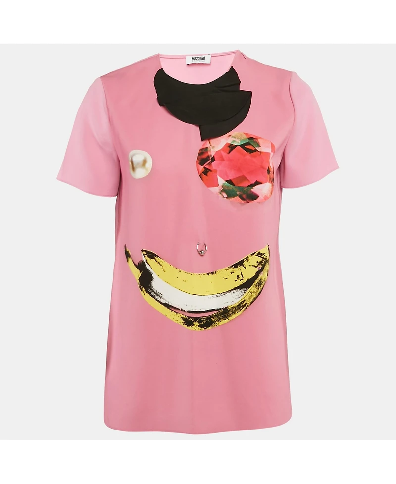 Pre-Owned Moschino Women's Cheap And Chic Pink Printed Crepe Metal Ring Detail Top