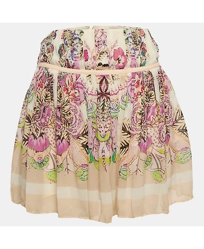 Pre-Owned Roberto Cavalli Women's Pink Floral Print Silk Pleated Mini Skirt