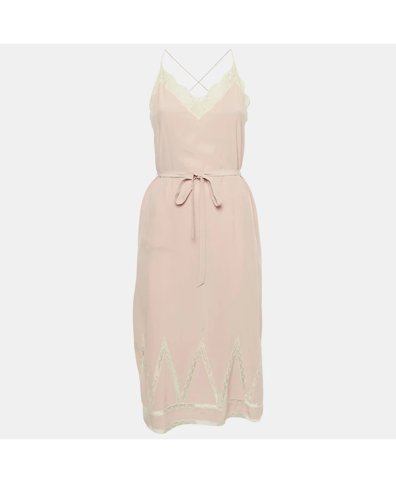Pre-Owned Zadig & Voltaire Women's Pink Silk Lace Trimmed Chery Crepuscule Midi Slip Dress