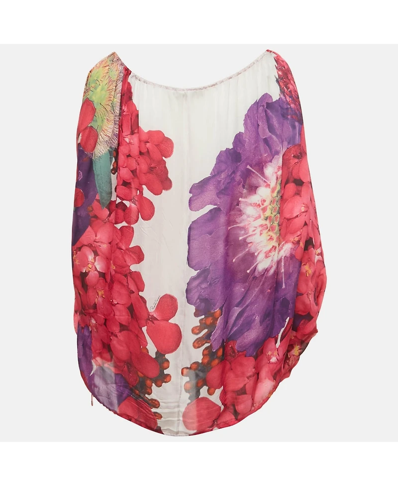 Pre-Owned Roberto Cavalli Women's Pink Floral Print Silk Pleated Blouse