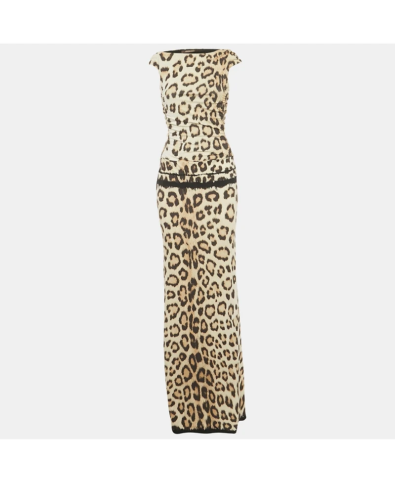 Pre-Owned Roberto Cavalli Women's Beige Animal Printed Jersey Cutout Back Detail Long Dress
