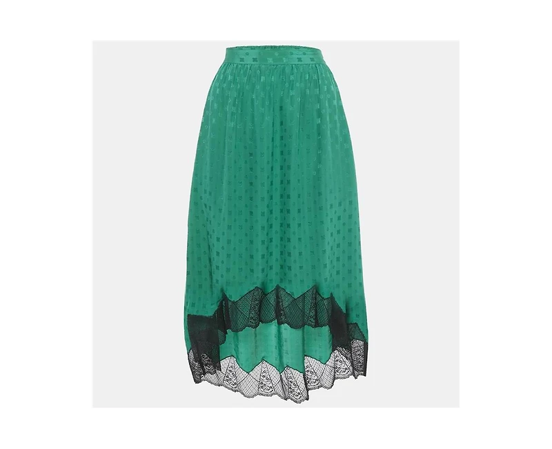 Pre-Owned Zadig & Voltaire Women's Green Patterned Silk Lace Trim Joslin Midi Skirt