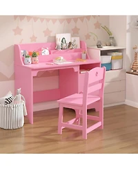 Gaomon kids desk and chair set with hutch and storage cabinet, wooden study table for boys and girls, ideal for writing, computer work, and learning.