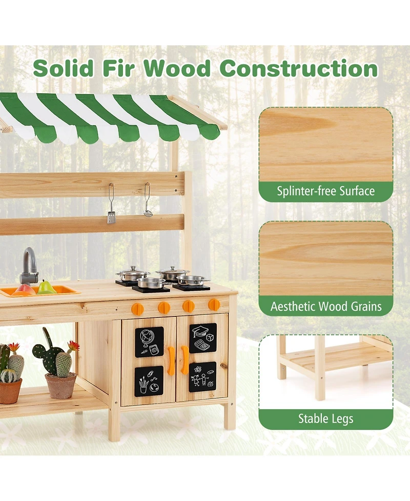 Hongge Outdoor Wooden Mud Kitchen Playset with Sink, Stove, and Canopy - Natural