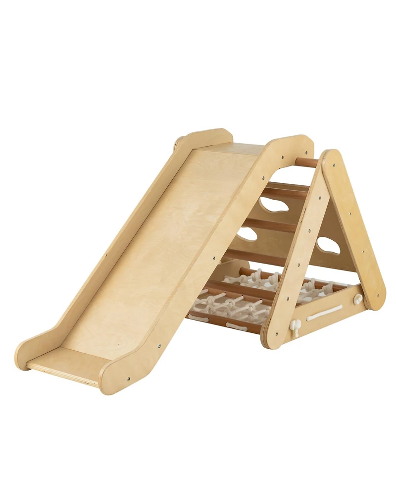Skonyon 4 in 1 Triangle Climber Toy with Sliding Board and Climbing Net-Natural