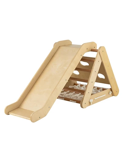 Skonyon 4 in 1 Triangle Climber Toy with Sliding Board and Climbing Net-Natural