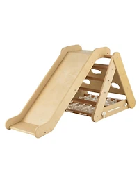 Skonyon 4 in 1 Triangle Climber Toy with Sliding Board and Climbing Net-Natural