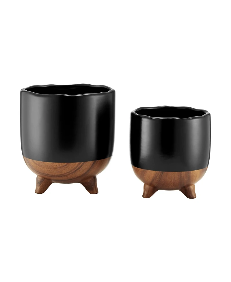Danya B Milo Mortar Two Tone Flower Pot Planter Cachepot Set of 2 Sizes - Black and Walnut
