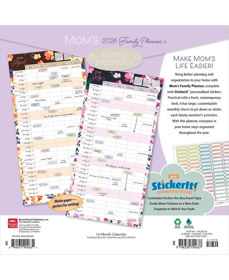 BrownTrout Mom's Family Planner | 2026 12 x 24 Inch (Hanging) Monthly Square Wall Calendar | Matte Paper and Sticker Sheet | Plastic-Free