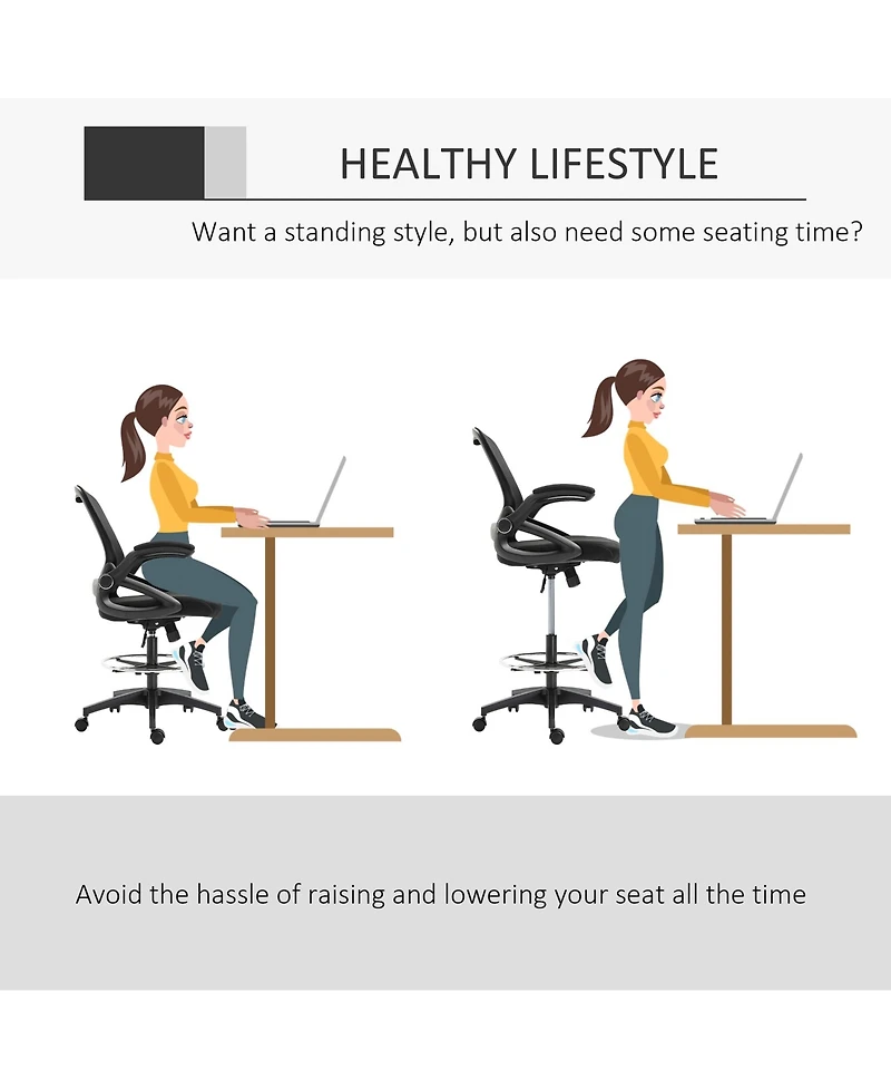 Vinsetto Mesh Drafting Chair with Flip-Up Armrests and Swivel Wheels,