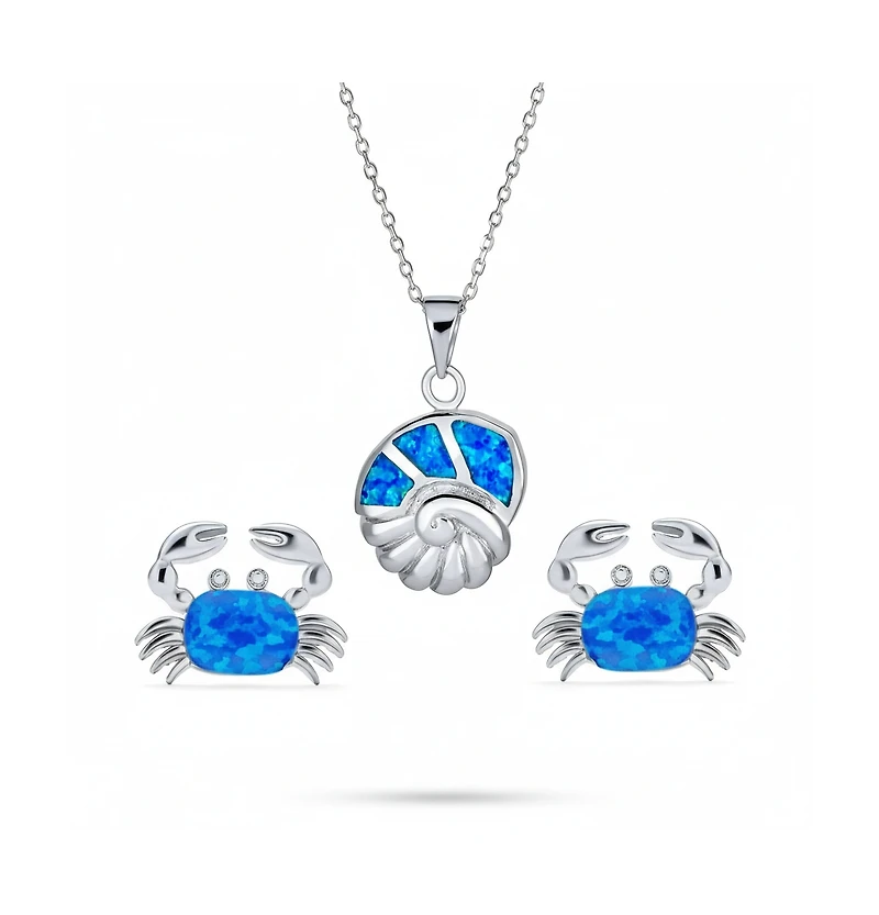 Bling Jewelry Nautical Created Blue Opal Conch Pendant Necklace & Crab Stud Earrings Jewelry Set Sterling Silver