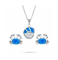 Bling Jewelry Nautical Created Blue Opal Conch Pendant Necklace & Crab Stud Earrings Jewelry Set Sterling Silver