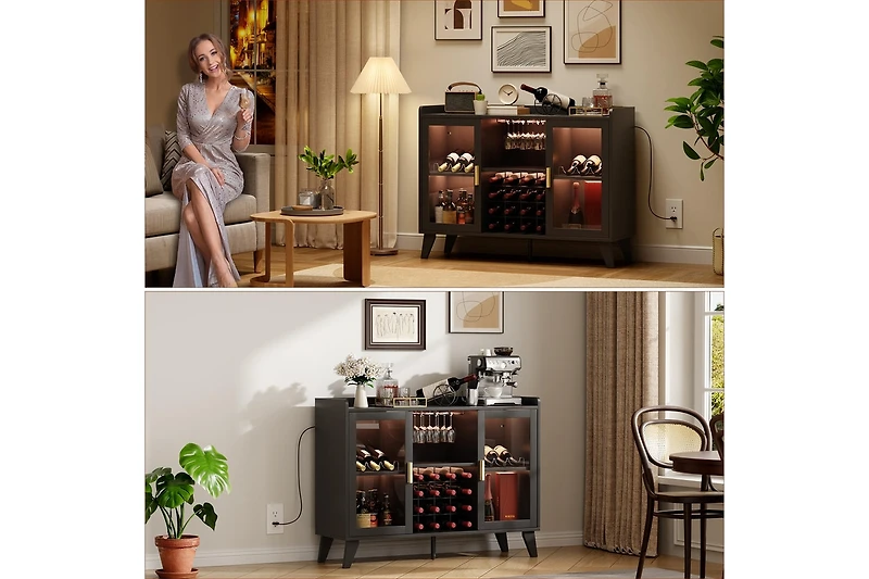 gaomon Farmhouse Wine Bar Cabinet With Led Lights, Home Coffee Bar Cabinet With Wine Racks and Glass Holders