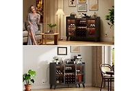 gaomon Farmhouse Wine Bar Cabinet With Led Lights, Home Coffee Bar Cabinet With Wine Racks and Glass Holders
