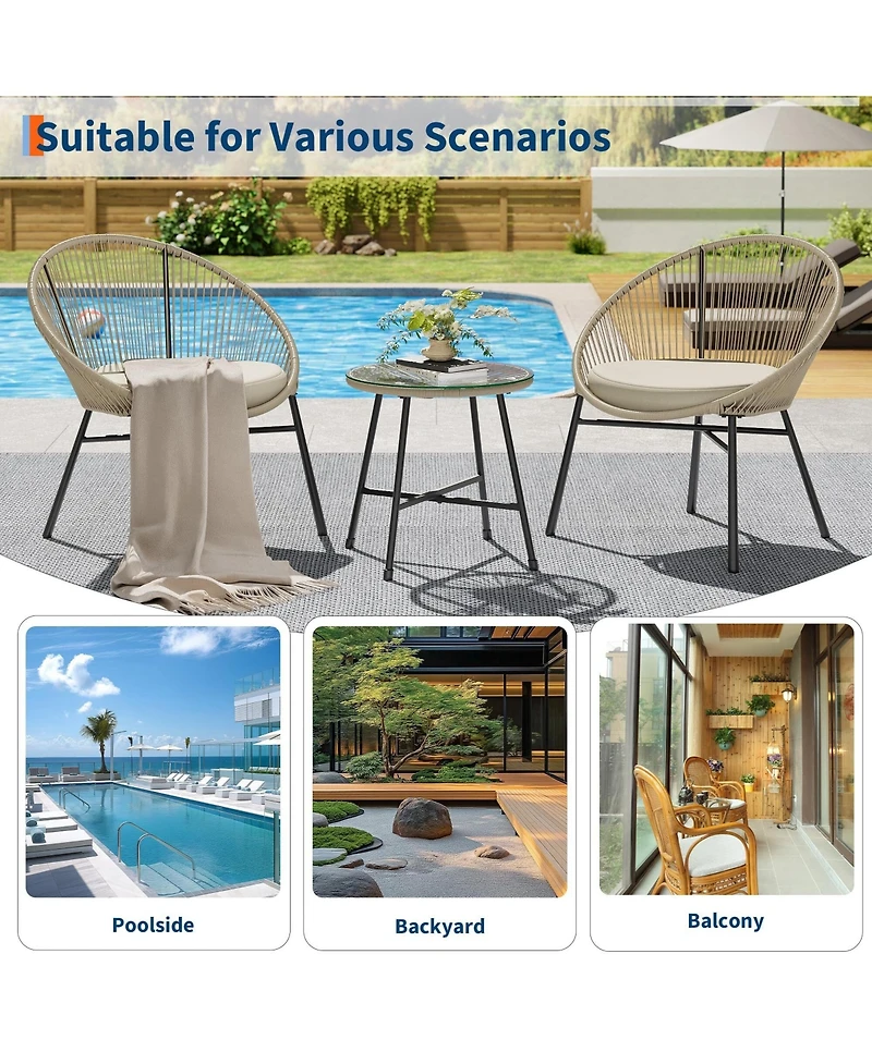 Gaomon 3 Pieces Patio Bistro Set Outdoor Acapulco Chair with Glass Top Coffee Table, Wicker Furniture Sets