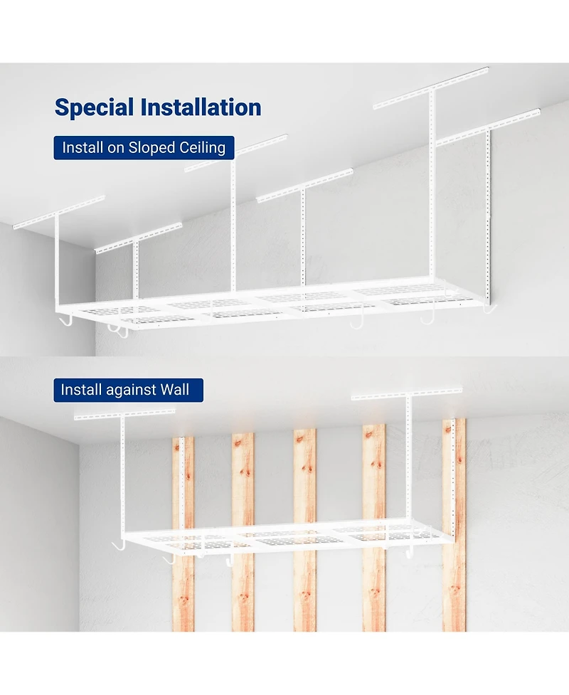 Fleximounts Ohk Series Ceiling Mounted Overhead Garage Storage Rack, White — 48" X 96"