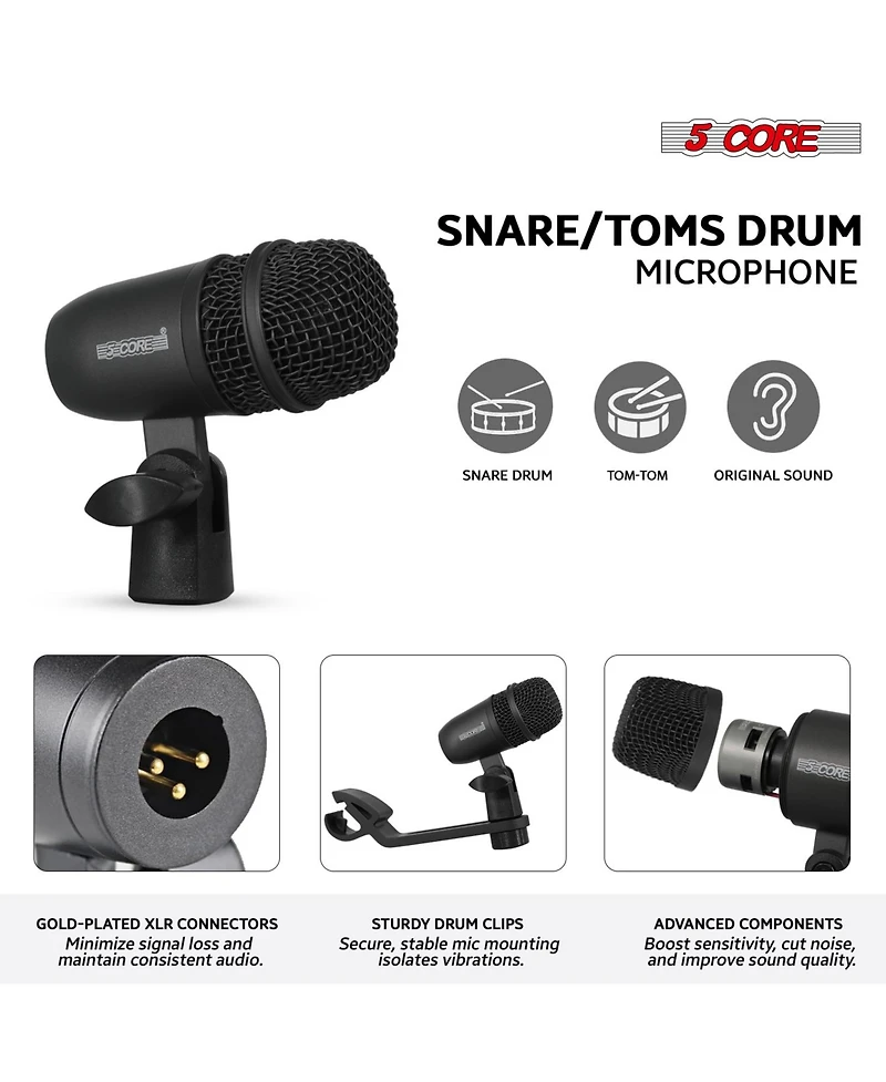5 Core Drum Microphone Kit 9Pc All Metal Drummer Mics Tom/Snare Cymbals Wired Instrument Drums Set