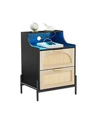 Gaomon Rattan Nightstand with Charging Station and Led Lights, Storage End Table, for Living Room, Bedroom, Dorm