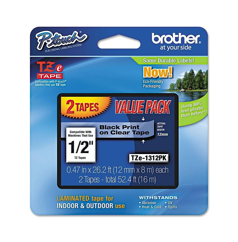 Brother P-Touch TZE1312PK Tze Standard Adhesive 0.47 in. x 26.2 ft. Laminated Labeling Tapes - Black On Clear (2/Pack