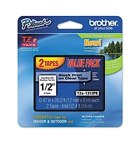 Brother P-Touch TZE1312PK Tze Standard Adhesive 0.47 in. x 26.2 ft. Laminated Labeling Tapes - Black On Clear (2/Pack
