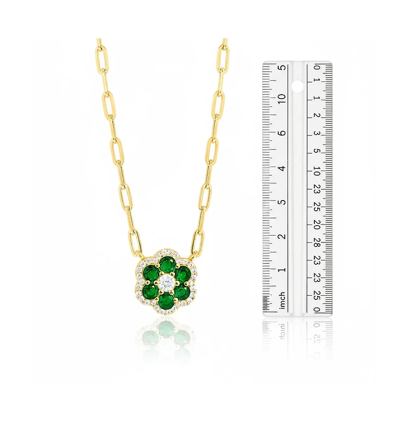 Etoielle Vermeil Paperclip Created Emerald and Cz Flower Layering Necklace