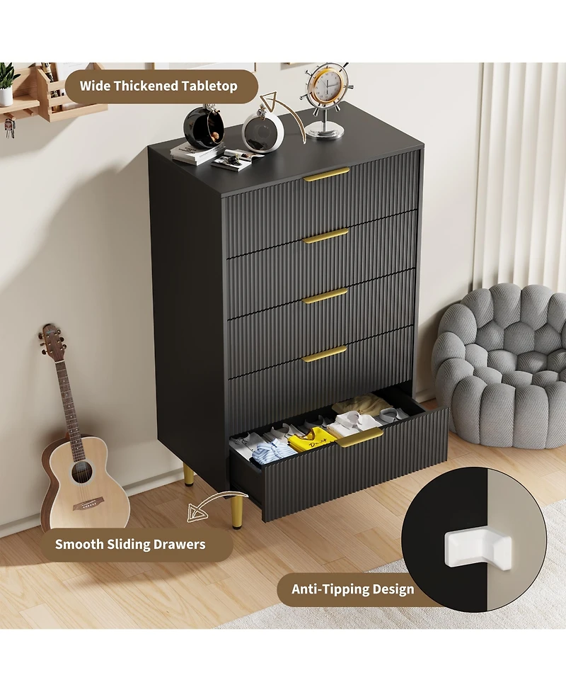 Gaomon Fluted Dresser for Bedroom,Wooden Chest of Drawers with Metal Handle & Feet