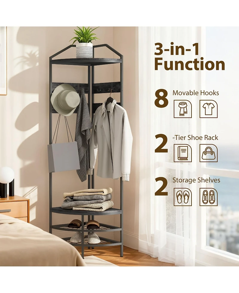 Homcom Corner Hall Tree, Coat Rack with Shoe Storage, Hooks, Shelves,