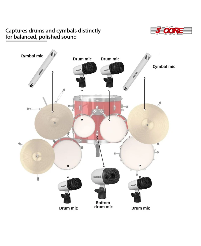 5 Core Drum Microphone Kit 7 Piece All Metal Drummer Mics Tom Snare Cymbals Wired Instrument Drums Set