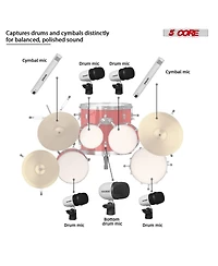 5 Core Drum Microphone Kit 7 Piece All Metal Drummer Mics Tom Snare Cymbals Wired Instrument Drums Set