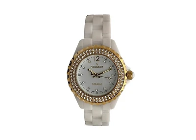 Peugeot Women's 36mm White Ceramic Watch with Gold Crystal Bezel