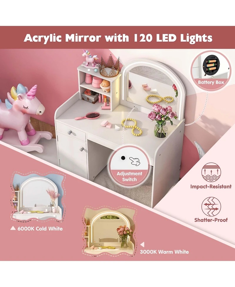 Kid Vanity Table Chair Set 2-Color Led Lights Large Drawer Shelf Cabinet