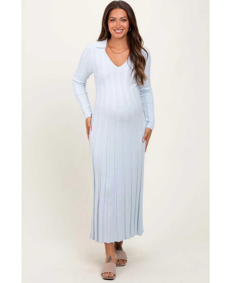 Pinkblush Maternity Light Blue Wide Ribbed Knit Collared Midi Dress