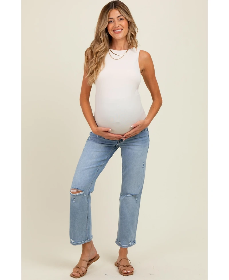 Pinkblush Maternity Light Blue Distressed Open Knee Ankle Straight Leg Jeans