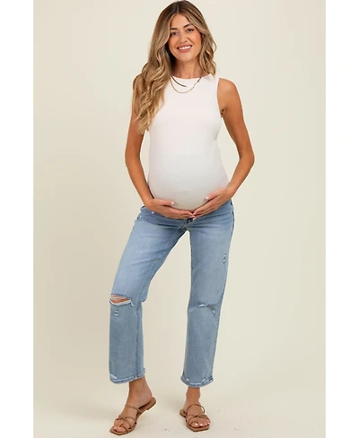 Pinkblush Maternity Light Blue Distressed Open Knee Ankle Straight Leg Jeans