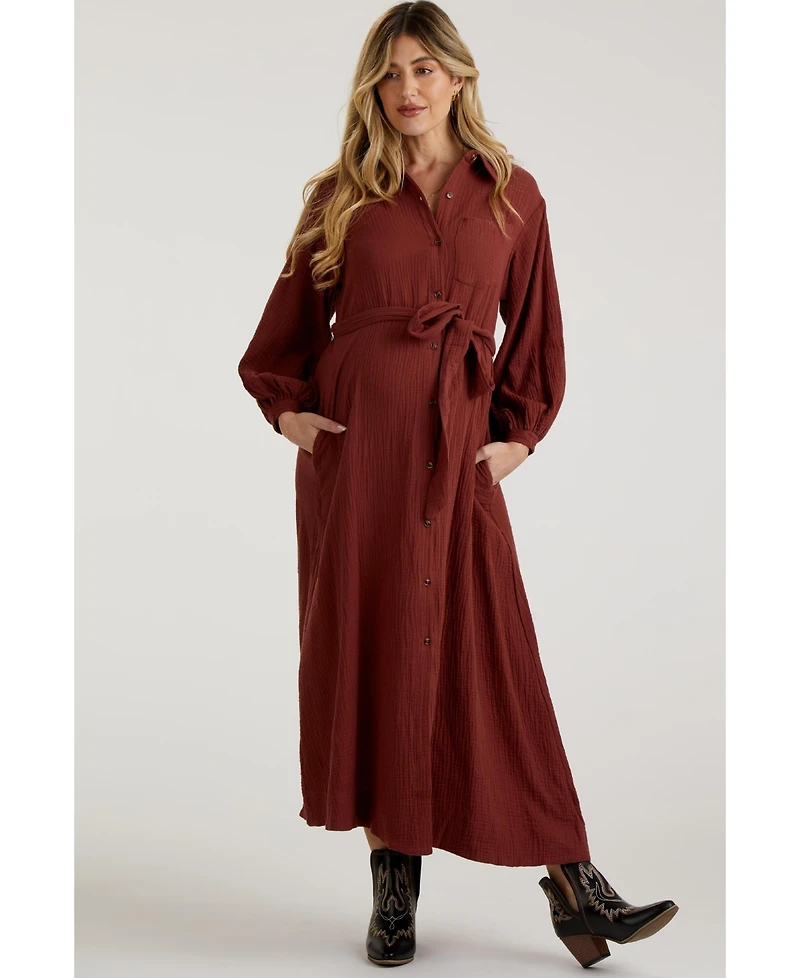 Pinkblush Maternity Blue Gauze Belted Shirt Midi Dress