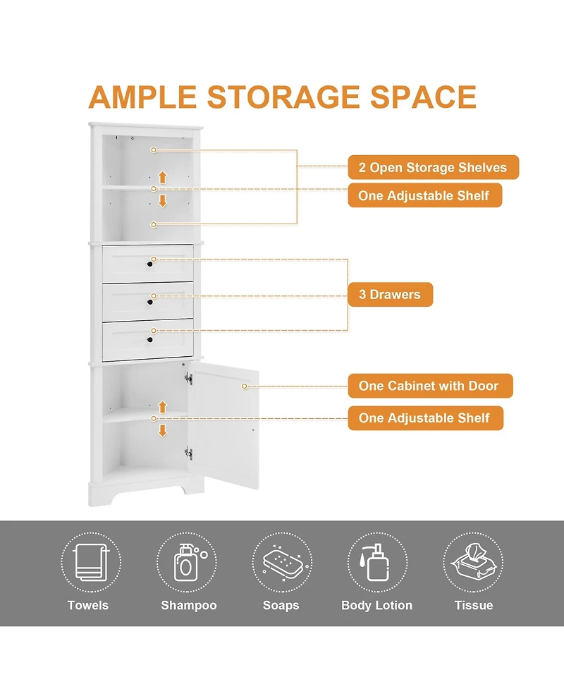Casainc 68.9"H Triangle Tall Cabinet with 3 Drawers and Adjustable Shelves for Bathroom/Living Room