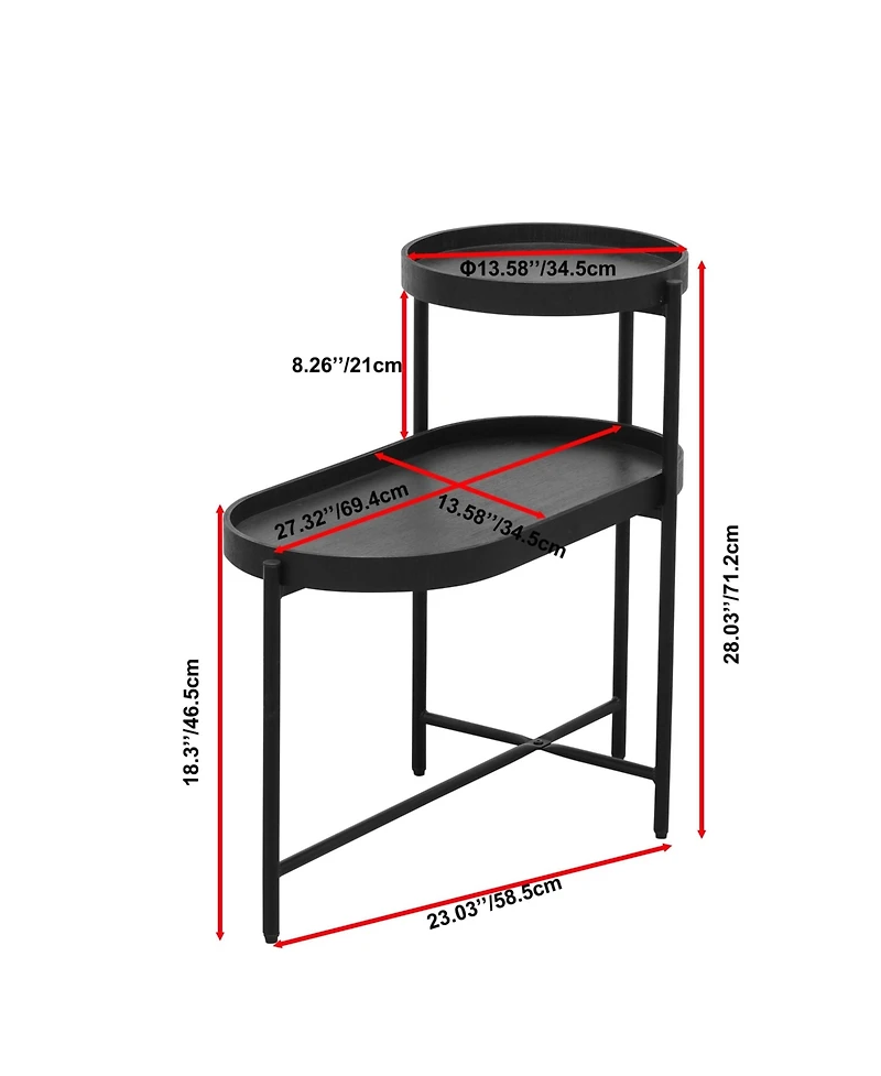 sumyeg Black 2-Tier Side Table with Metal Frame and Wooden Storage