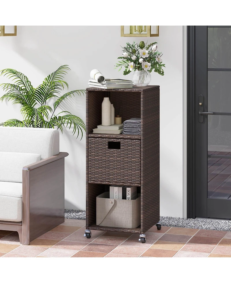Costway Outdoor Storage Cabinet with Storage Shelves Drawer and Rolling Wheels for Porch
